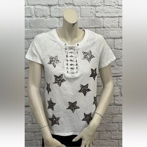 INC INTERNATIONAL CONCEPTS WHITE SILVER STAR LACE UP SHORT SLEEVE TEE TOP SIZE S